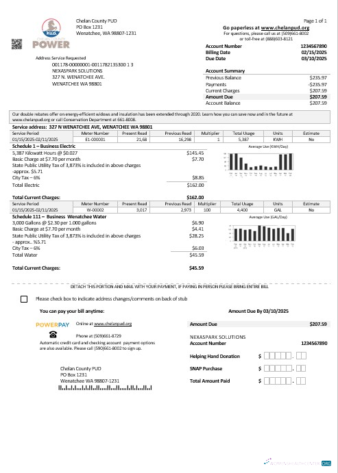 USA Washington Chelan County PUD business utility bill template in Word and PDF formats